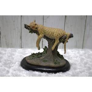 Sleeping Cheetah Figurine on Tree – Wildlife Sculpture on Wood Base